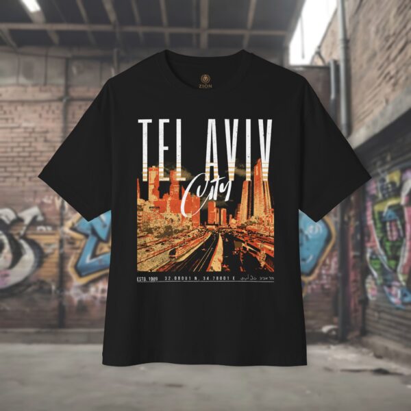 Tel Aviv Cityscape Y2K Design - Men’s Oversized T-Shirt - Image 2