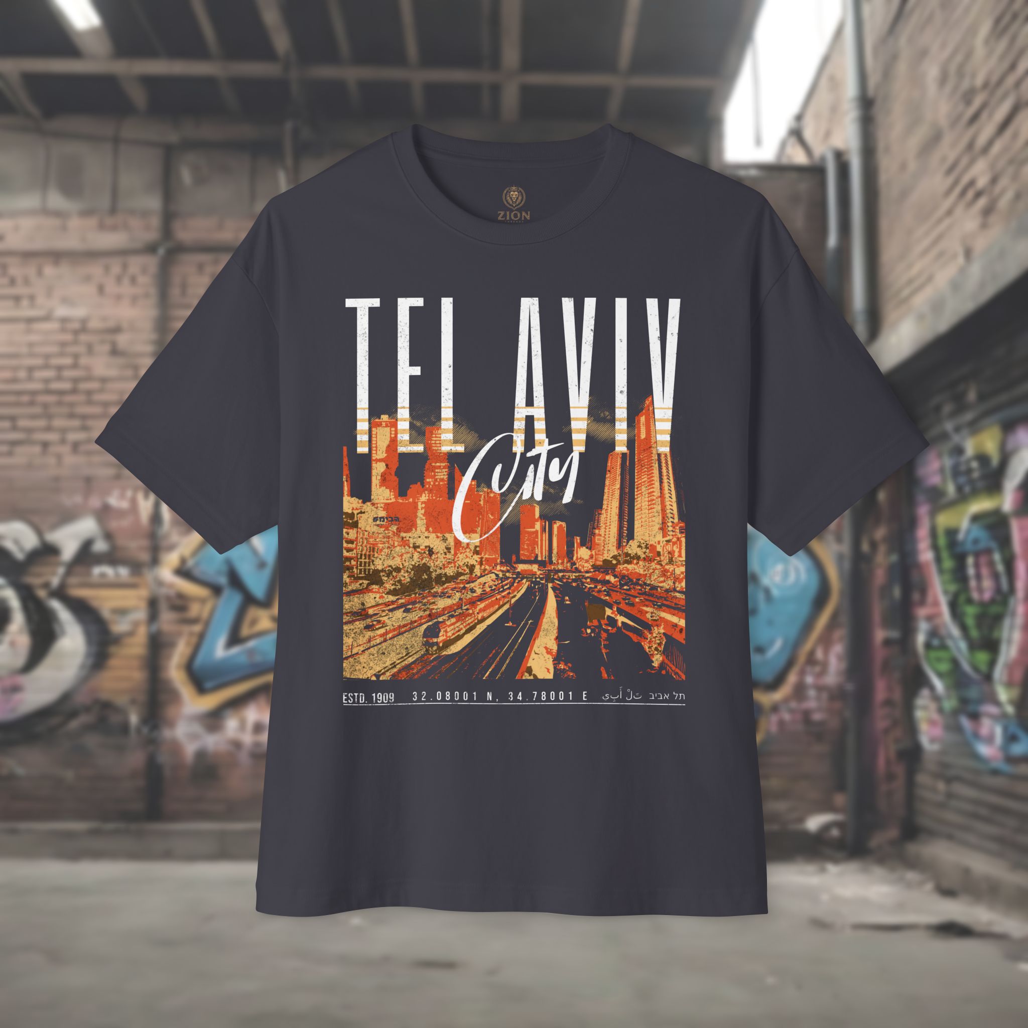 Tel Aviv Cityscape Y2K Design - Men’s Oversized T-Shirt - Image 5
