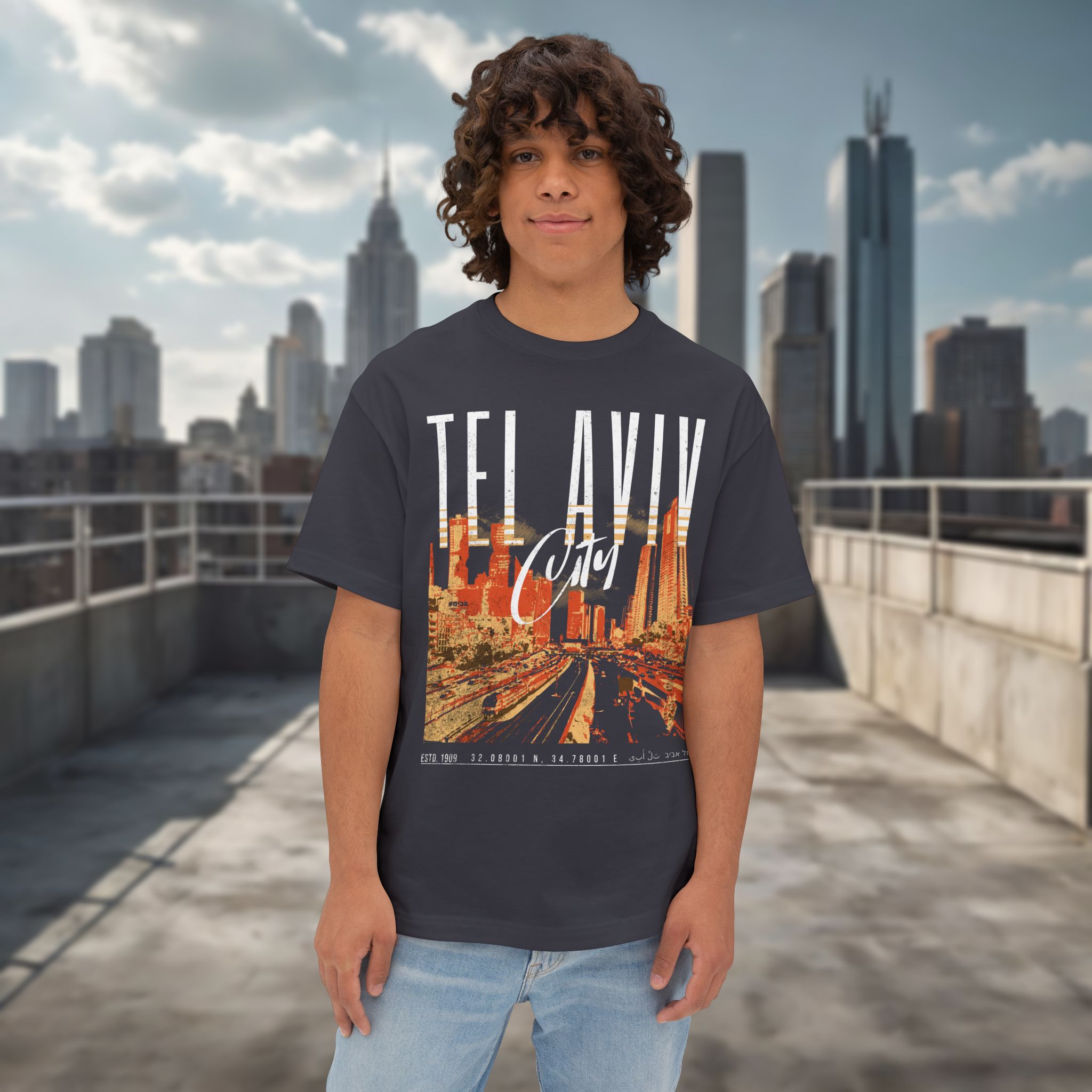 Tel Aviv Cityscape Y2K Design - Men’s Oversized T-Shirt - Image 7