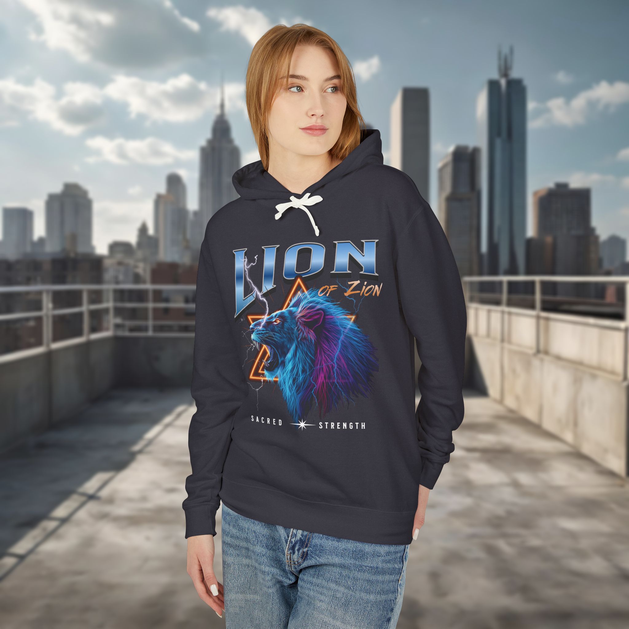Lion of Zion Unisex Lightweight Hooded Sweatshirt - Bold Graphic Design - Image 3