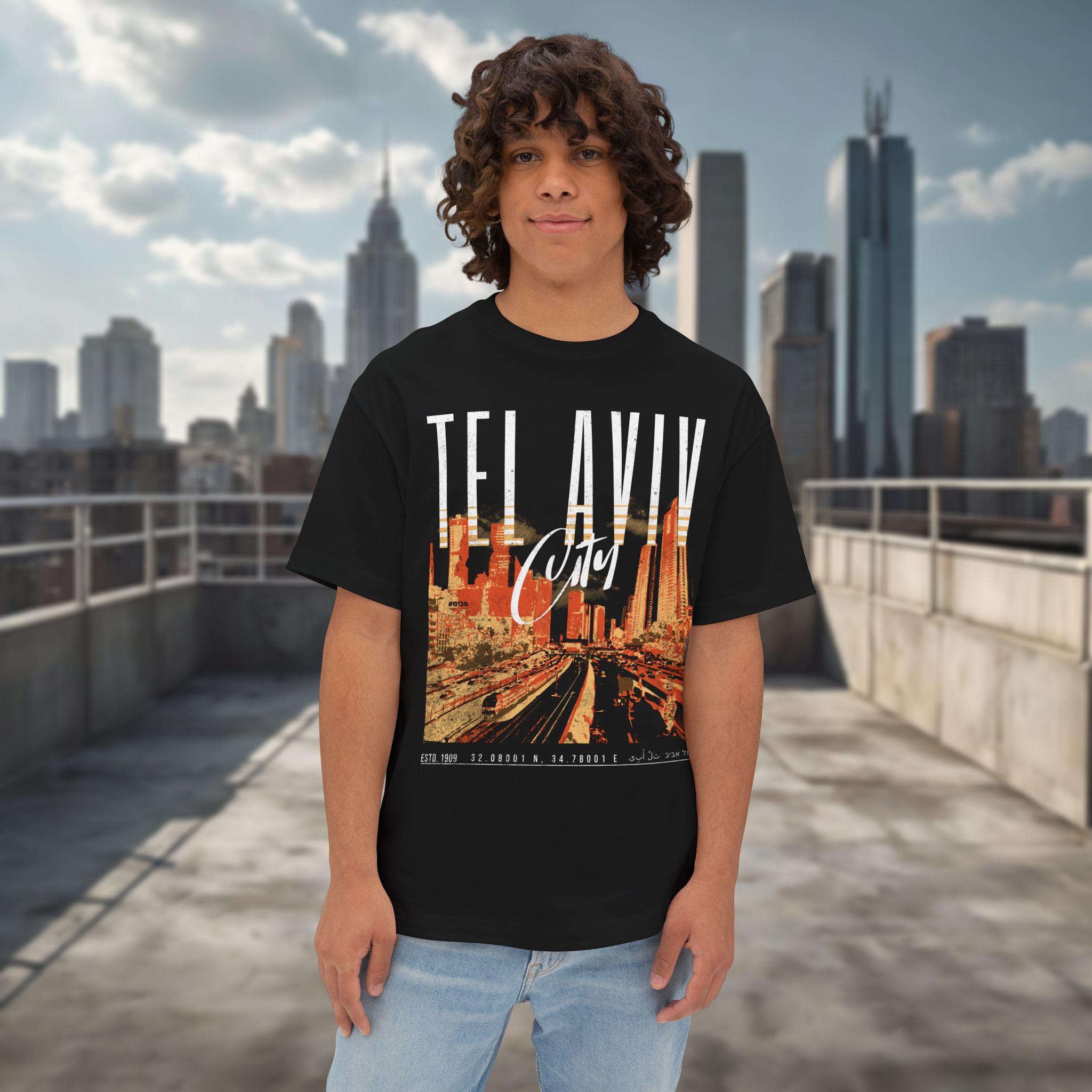 Tel Aviv Cityscape Y2K Design - Men’s Oversized T-Shirt - Image 2