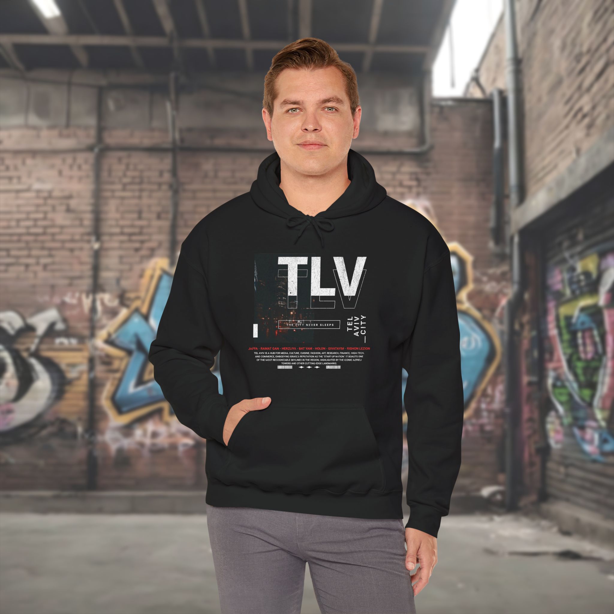 Tel Aviv, The City That Never Sleeps Men’s Hoodie - Image 2