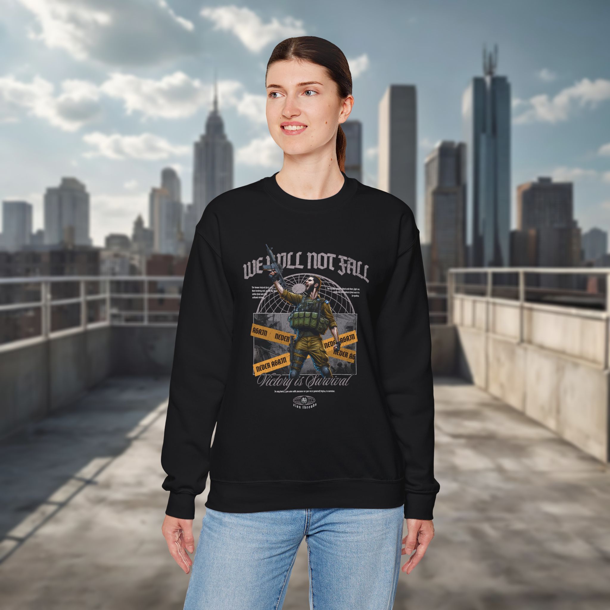 Crewneck Sweatshirt — "We Will Not Fall" Patriotic IDF Graphic - Image 4