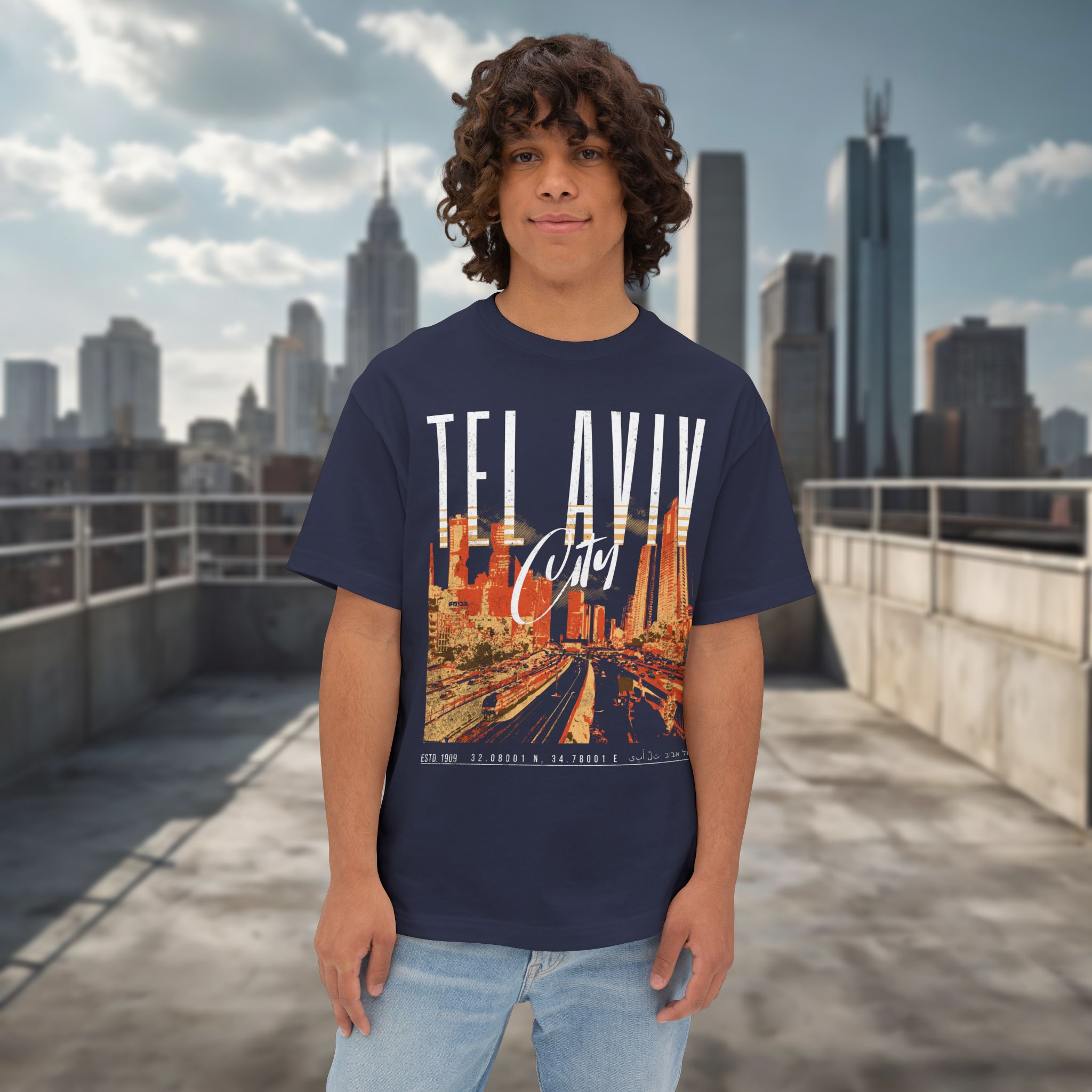 Tel Aviv Cityscape Y2K Design - Men’s Oversized T-Shirt - Image 11