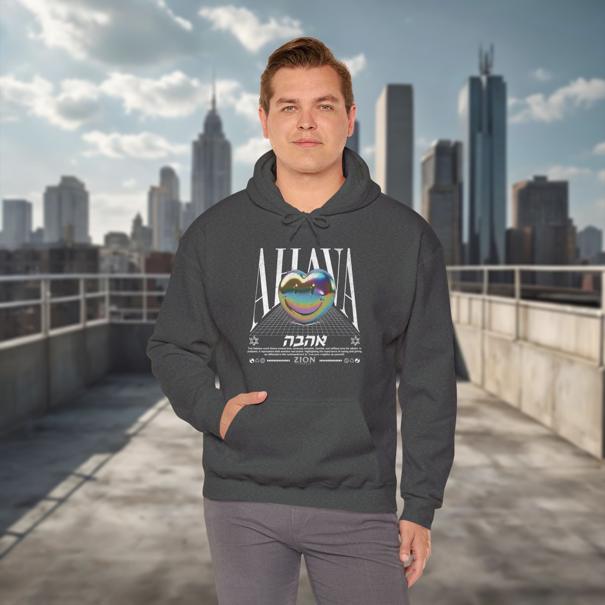 Urban Jewish Hoodie for Men - Ahava Love Y2K Gold Heart Design - Image 9