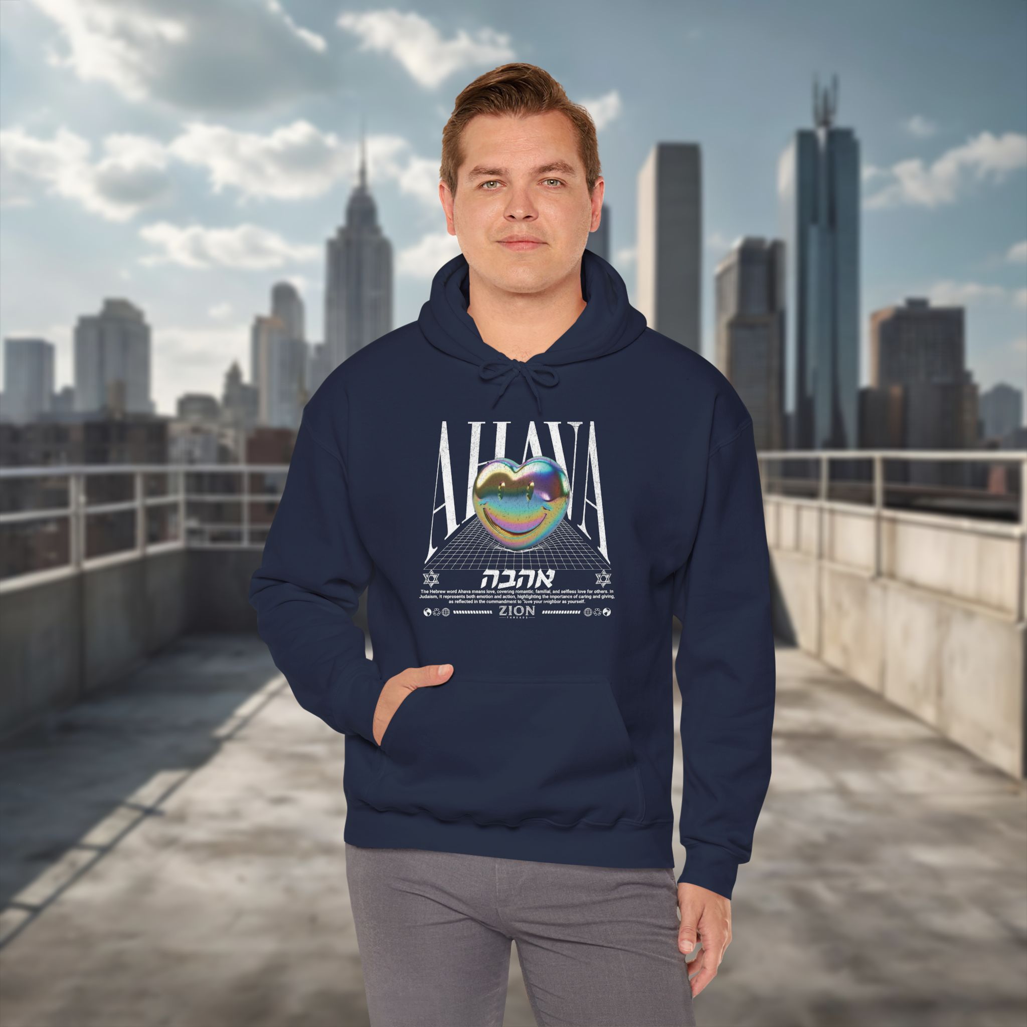 Urban Jewish Hoodie for Men - Ahava Love Y2K Gold Heart Design - Image 14